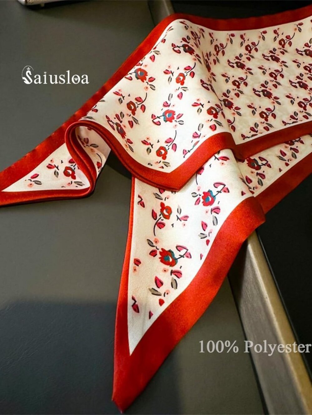 Women's Small Red Flowers Head Fashion Scarves Long Skinny Silky Hair Bags Scarf - Picture 6 of 6
